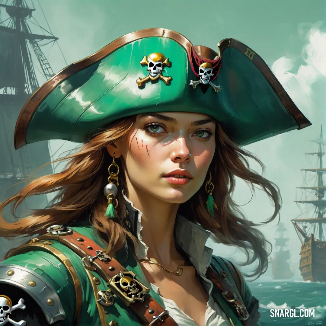 Pirate in a pirate hat with a skull on her chest and a pirate's eye patch on her forehead