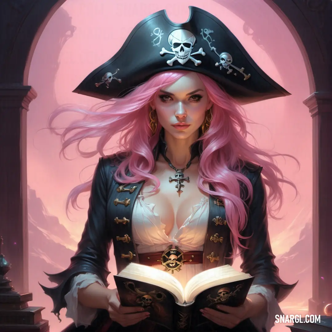 Pirate with pink hair wearing a pirate hat and holding a book in her hands and looking at the camera