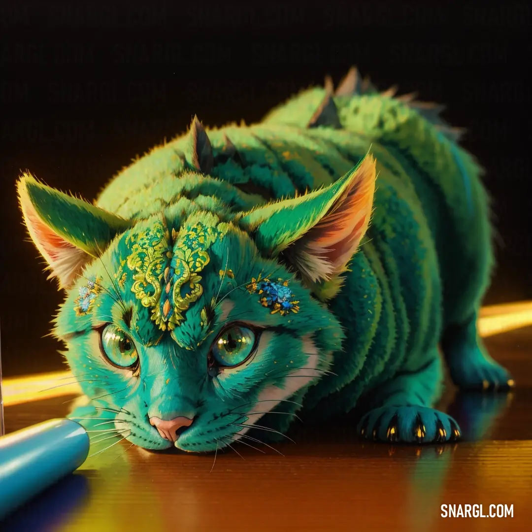 Cat with a green costume on laying on a table next to a blue pen and a bottle of liquid