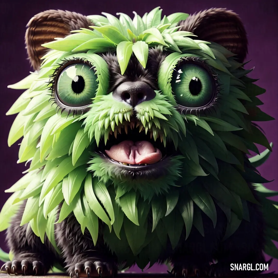 Green furry animal with big eyes and a big grin on its face