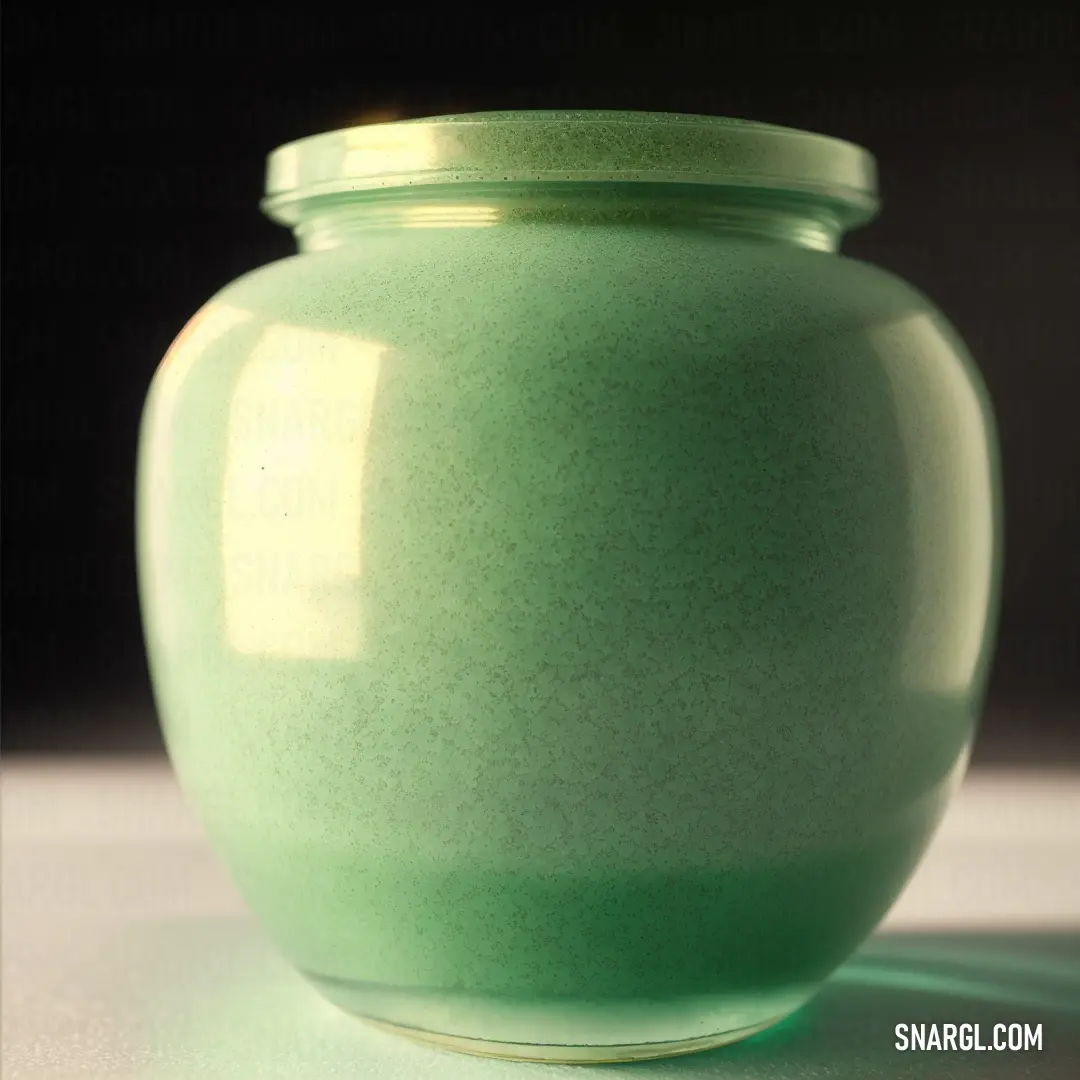 Green vase on a table with a black background behind it and a shadow of a person standing in front of it