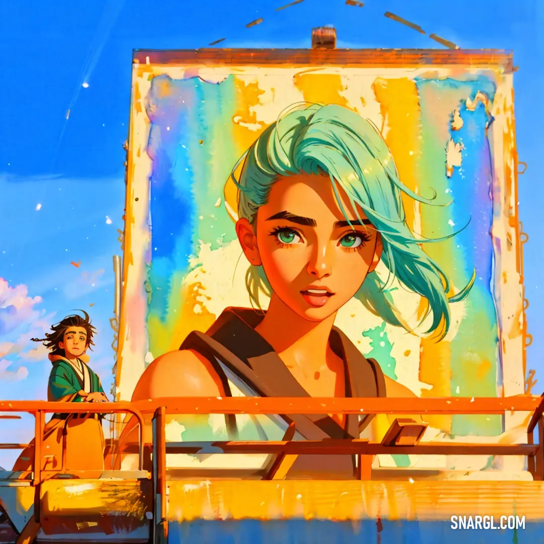 Painting of a woman with blue hair and a boy standing on a boat in the water behind her