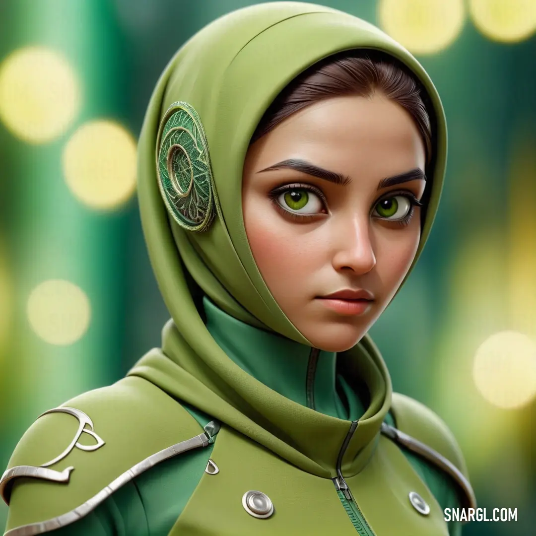 Pistachio color. Digital painting of a woman in a green outfit with a hood on her head