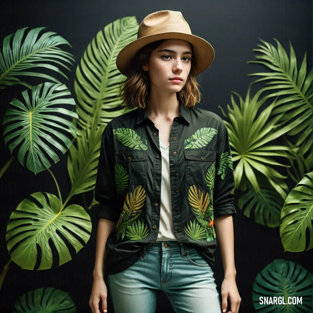 Woman wearing a hat and green shirt standing in front of a wall of leaves with a black background. Example of Pistachio color.