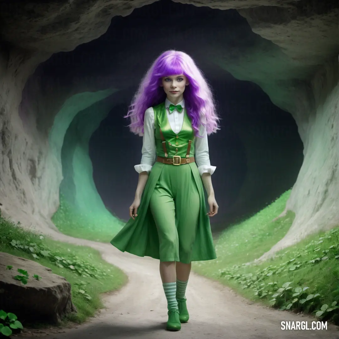 Woman with purple hair and green dress walking down a road in a tunnel with grass and rocks on both sides. Color RGB 147,197,114.