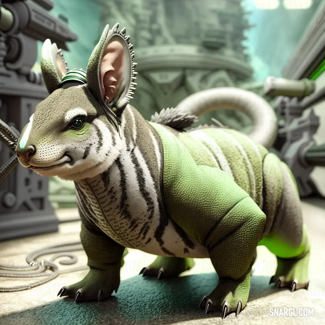 Small toy animal with a green body and black stripes on it's body