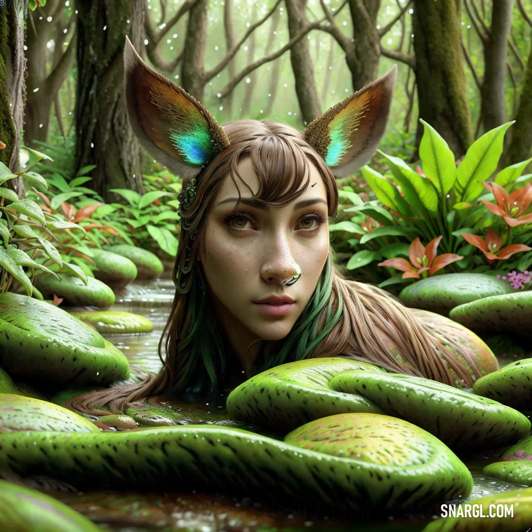 Woman with a deer headband in a forest with green rocks and plants and water droplets on her face