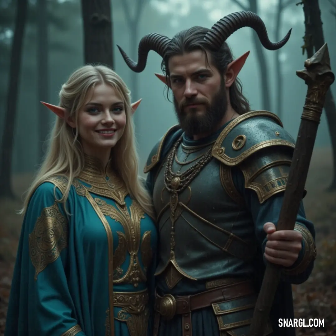 A brave man and a captivating Pithios, both adorned in colorful costumes, stand confidently in a magical forest adorned with horns. A striking man and a companion adorned in vibrant costumes stand in a mystical grove, both showcasing elaborate horns, creating a powerful visual that captures the essence of ancient legends and folklore.
