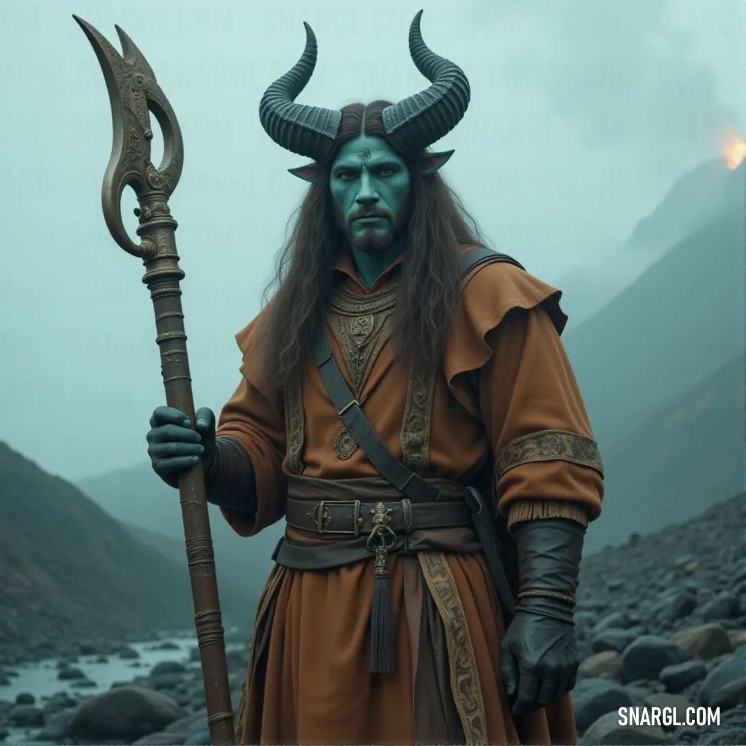 A horned figure holding a fiery staff stands before a mountain, their resolve burning as brightly as the flames they wield. A horned figure stands with a fiery staff in hand, facing a towering mountain. The flames from the staff illuminate the surrounding landscape, as the figure appears ready to conquer the peak, embodying both power and determination.