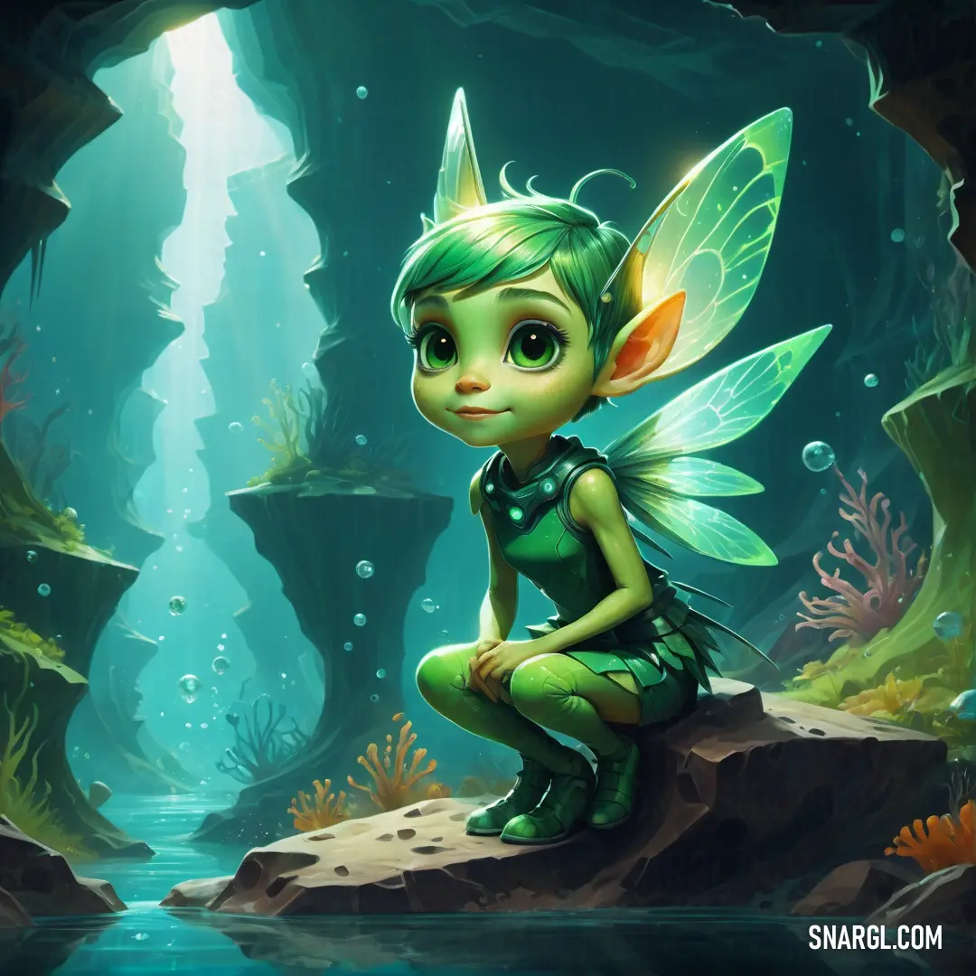 Cartoon fairy on a rock in a cave with a stream and a fish in the water behind her