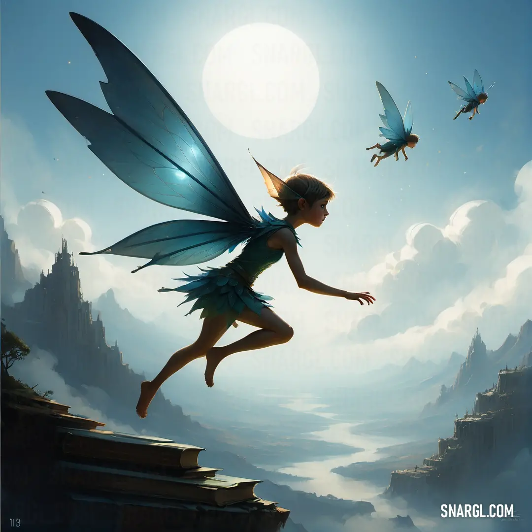 Fairy flying over a cliff with two flying birds above it and a castle in the background with a sun