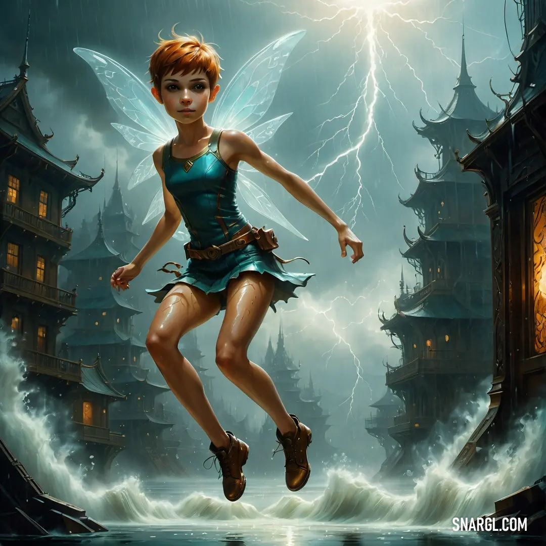 Fairy is flying through the air in front of a lightning storm and a castle with a clock tower