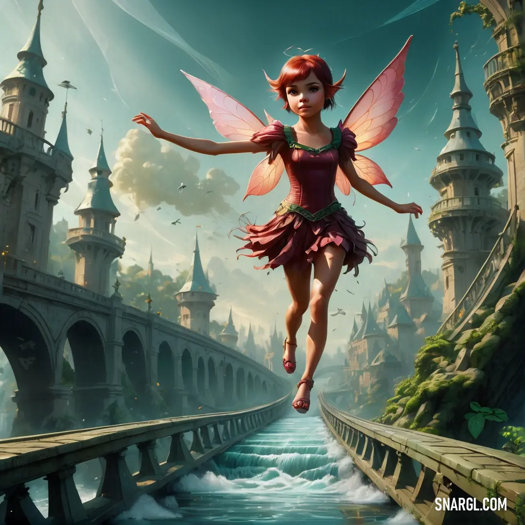 Fairy is running across a bridge in a fantasy scene with a castle in the background