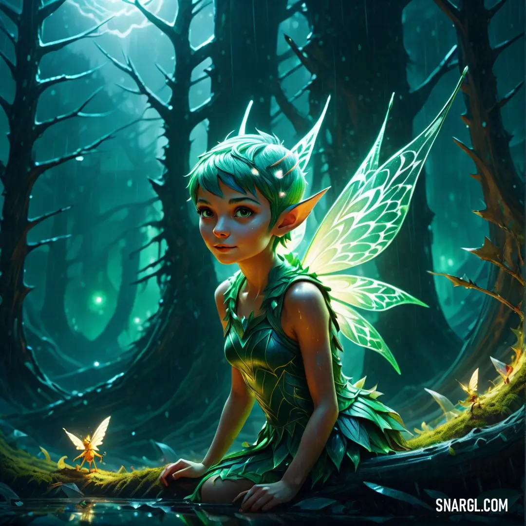Fairy on a log in a forest with a glowing green dress and wings on her head