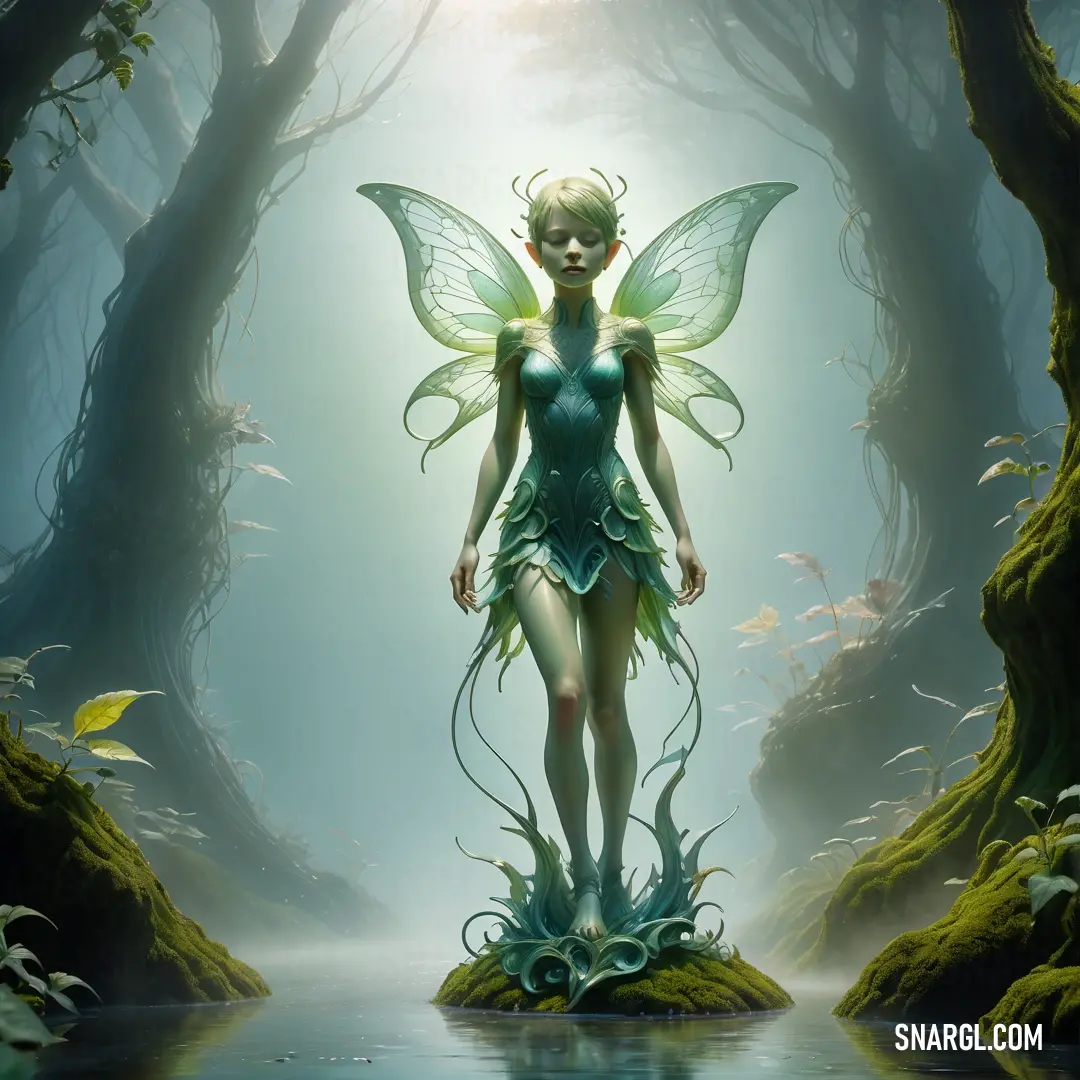 Fairy standing in a forest with a pond and trees in the background