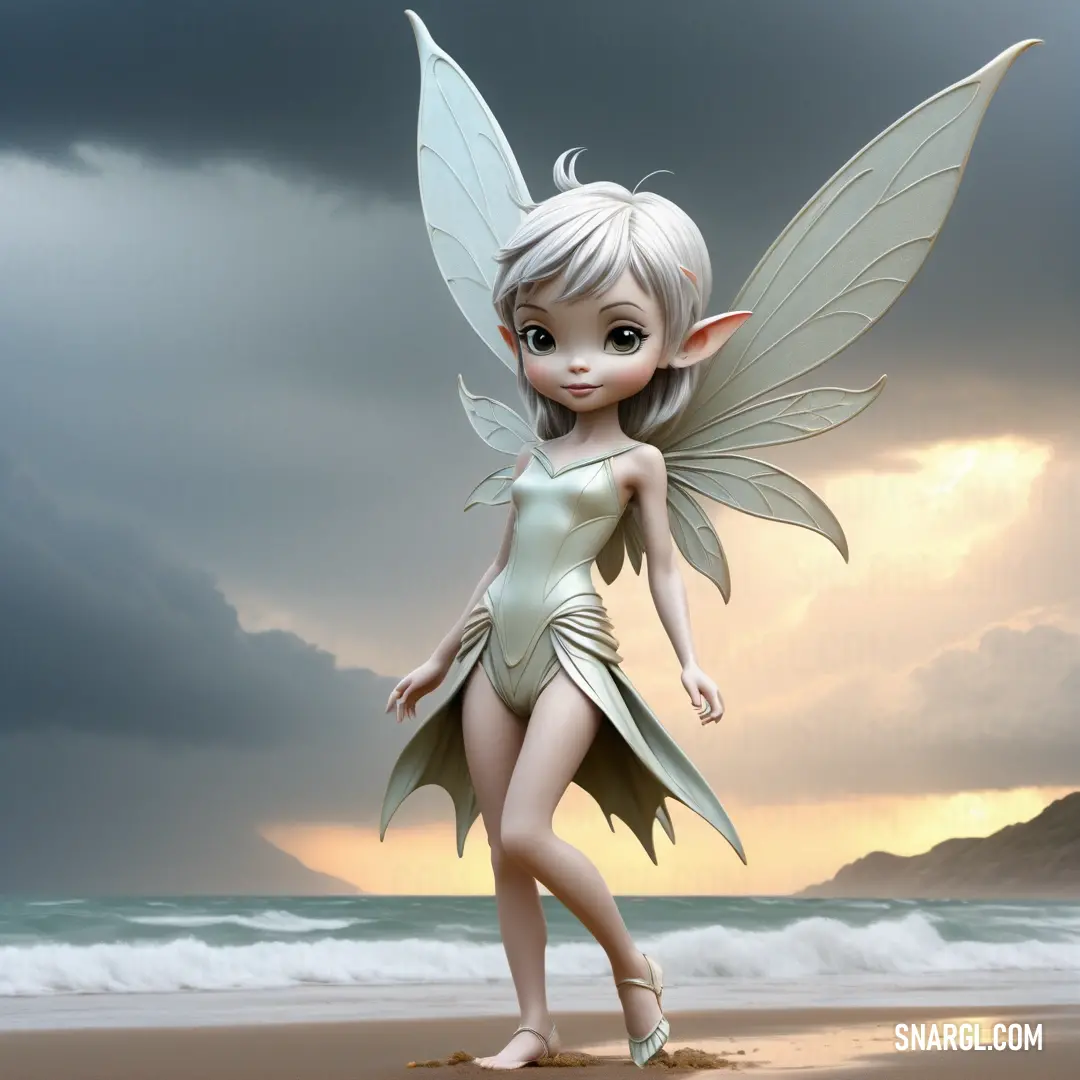 Fairy with a white dress and wings on a beach near the ocean with a dark sky in the background