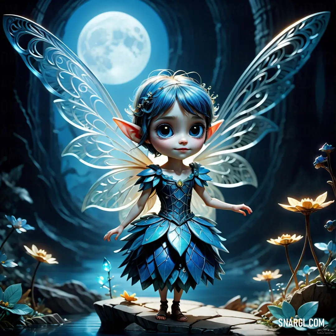 Fairy with blue hair and a blue dress standing on a rock in front of a full moon and water