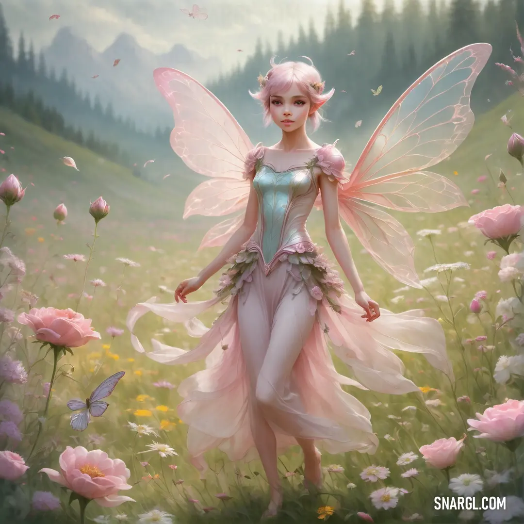 Fairy with pink hair and wings standing in a field of flowers with a butterfly on her back and a forest in the background