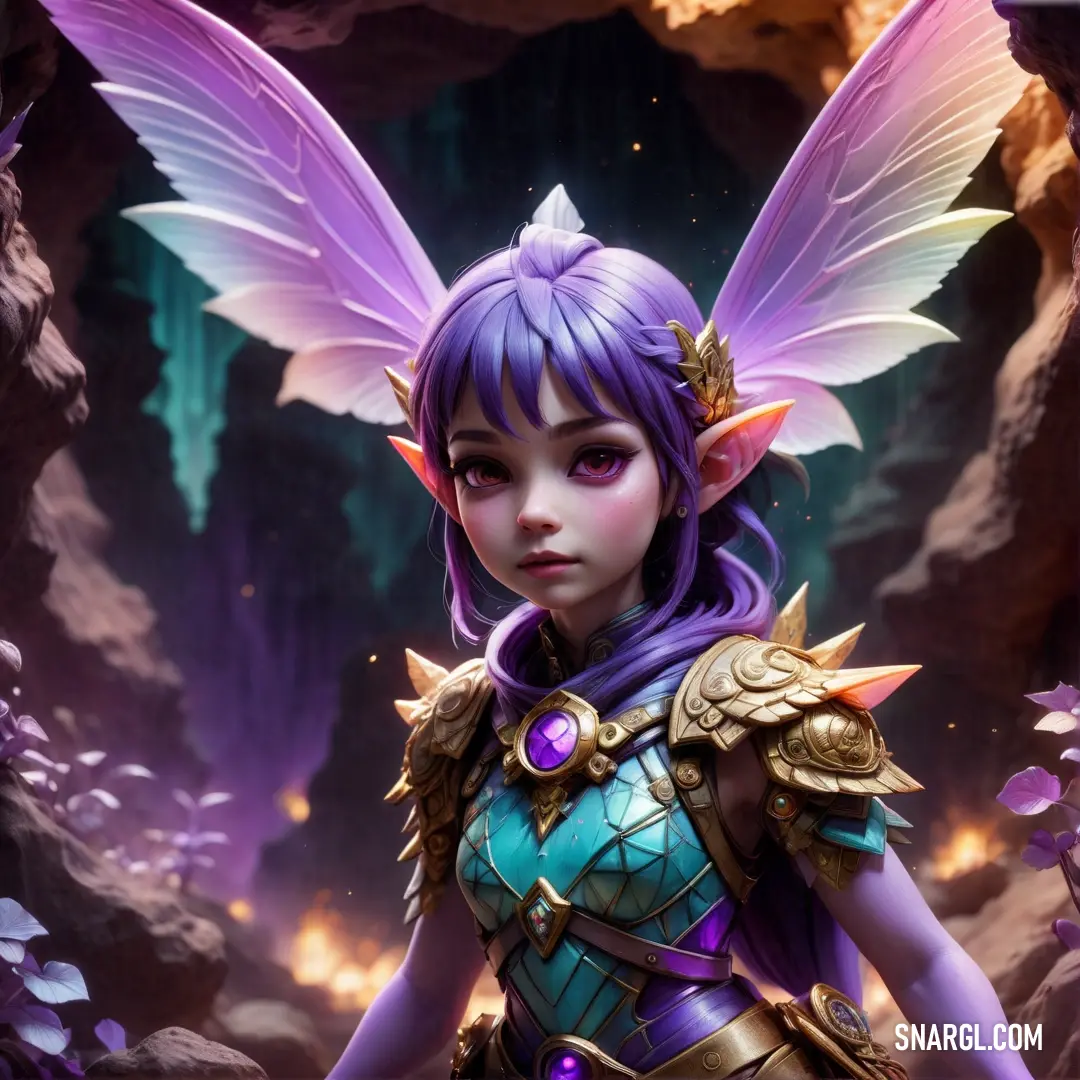 Girl with purple hair and wings standing in a cave
