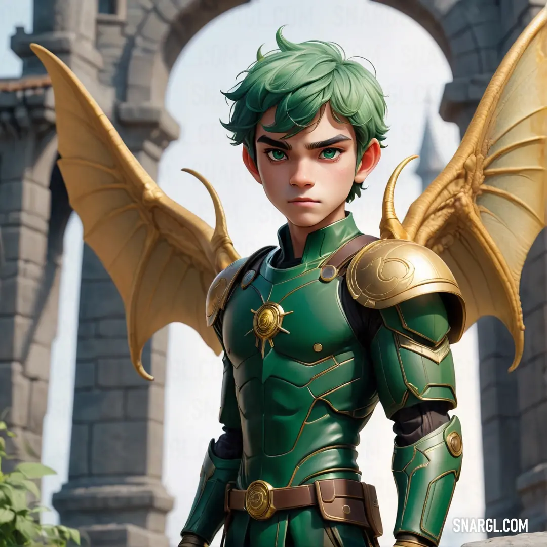 Pixie in a green suit with wings on his chest