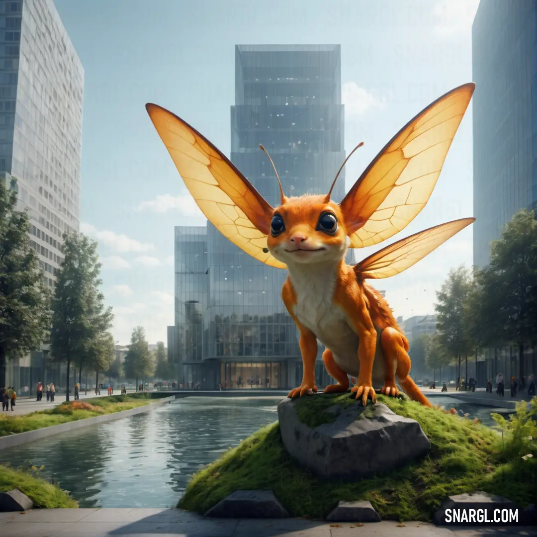 Statue of a Pixie with big wings on a grassy area in front of a cityscape with a pond