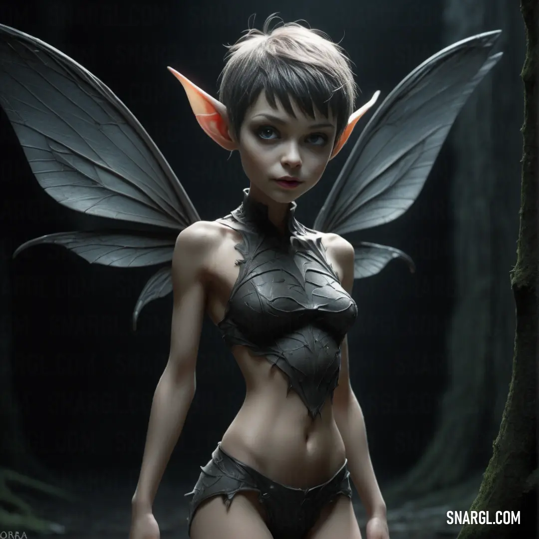 Pixie in a bikini with wings on her head and a body with a bird on it's back