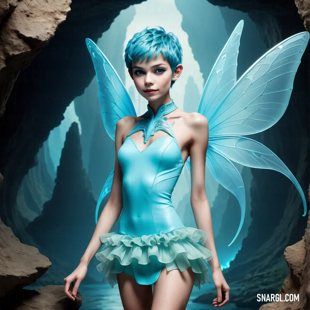 Pixie in a blue fairy costume standing in a cave with a blue butterfly wings on her body