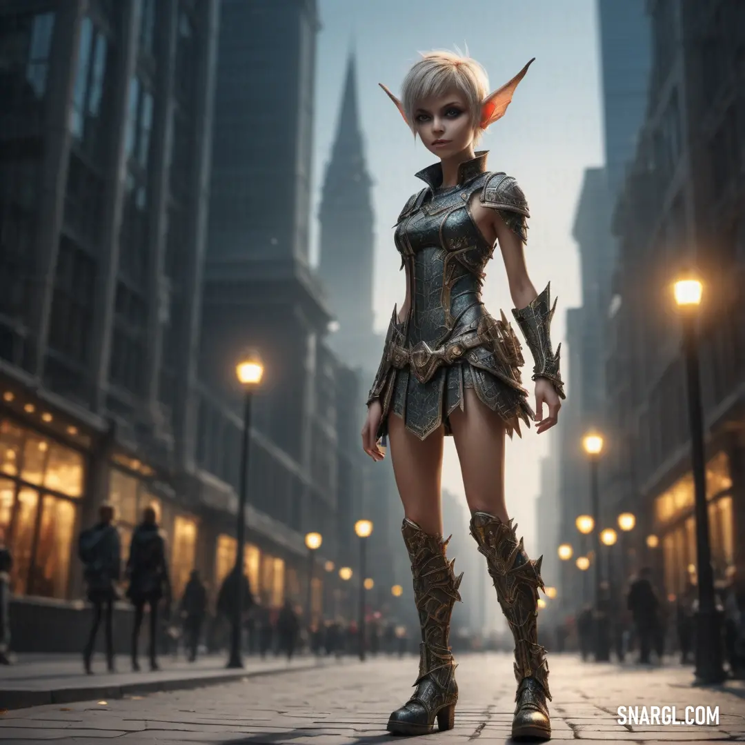 Pixie in a costume is standing on a street corner in a city at night with a cityscape in the background