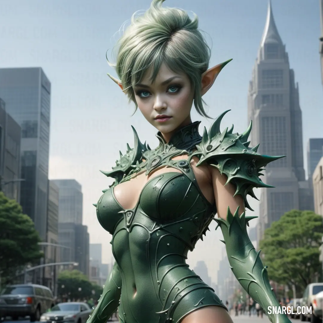 Pixie in a green outfit is standing in the street with a city in the background