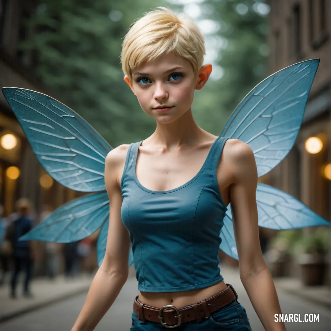 Pixie with a blue top and a blue fairy wings on her head is standing on a street corner