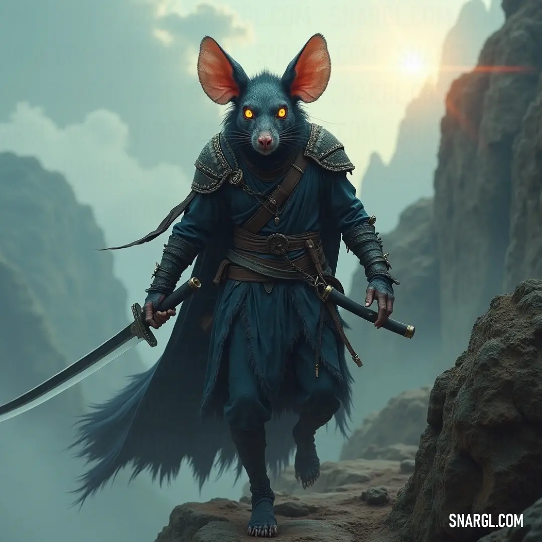 A striking Plague Monk Chief navigating a perilous mountain terrain with a sword, merging sophistication and power in a breathtaking natural backdrop. A formidable Plague Monk Chief strides along a rugged mountainside, clad in a sleek suit and wielding a gleaming sword, embodying a striking balance between elegance and menace amidst the harsh, rocky landscape.