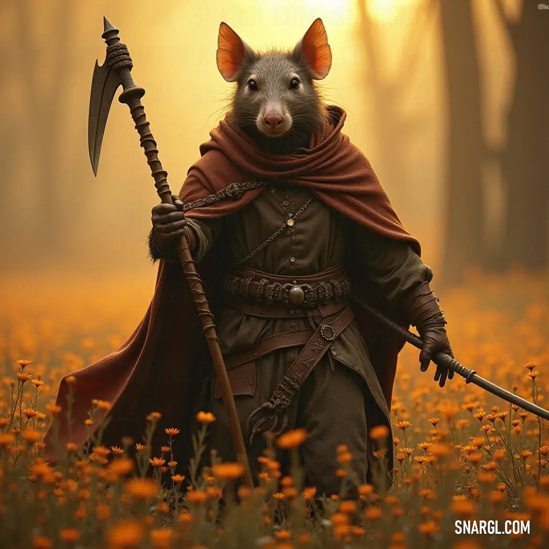 A Plague Monk Leader in a detailed costume, holding a sceptacle in one hand and a sceptacle sword in the other, stands gracefully amidst a colorful field of flowers, the contrast of power and beauty palpable.