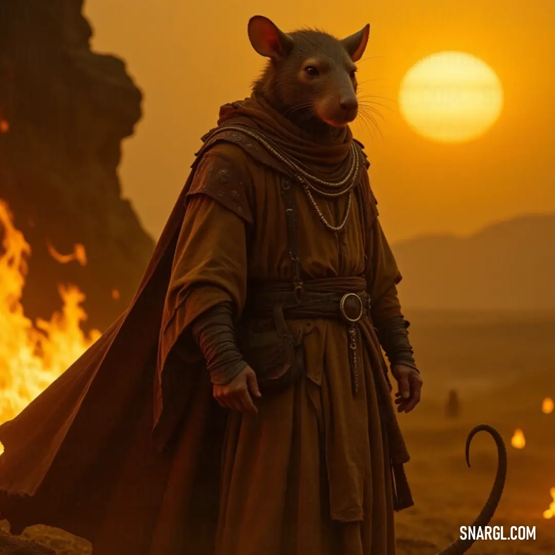 A Plague Monk Warlock stands ominously in front of a crackling fire pit, clothed in a brown outfit accentuated by a hood that shrouds his face. His long tail sways gently, evoking an aura of mystery and otherworldliness that captivates the viewer.