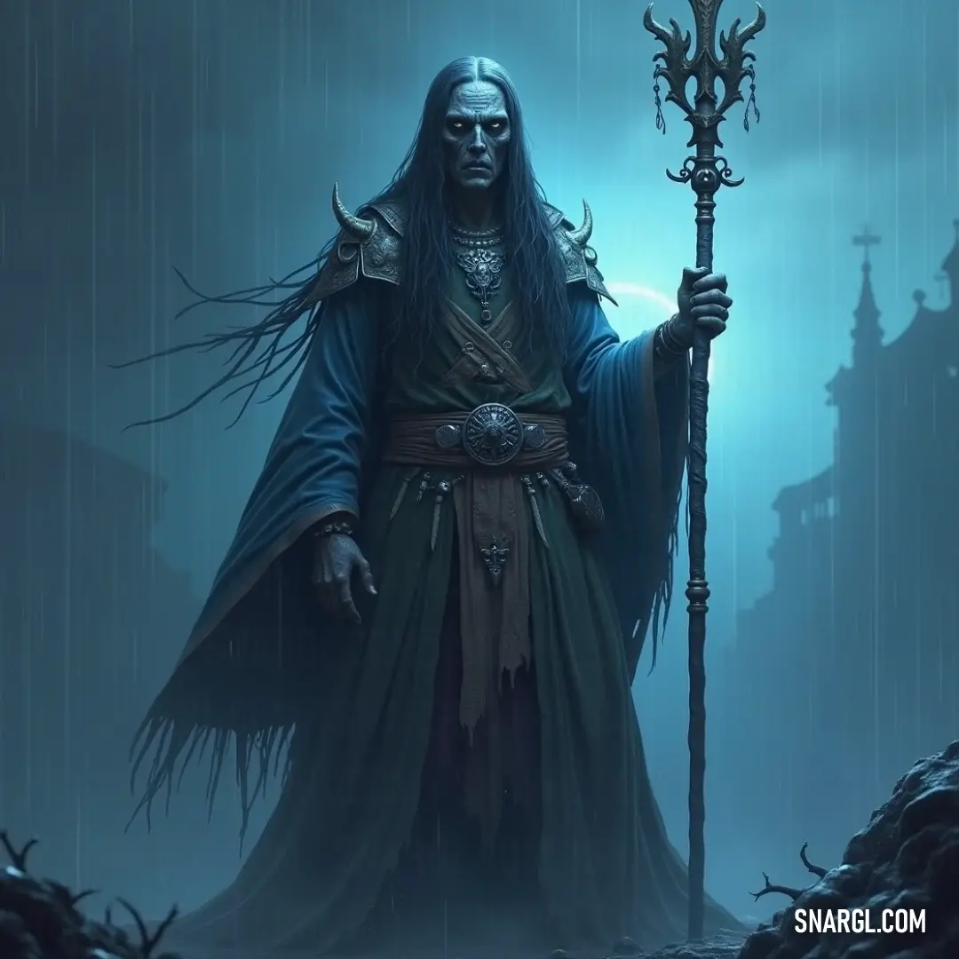 In the eerie depths of a dark forest, the Plaguebearer holds his staff closely, surrounded by ominous shadows and the faint glow of an ethereal light that follows in his mysterious wake. The Plaguebearer, staff in hand, wanders through an ominous forest filled with shadows and flickering lights, his presence an unsettling aura of foreboding as he navigates the darkened woods.