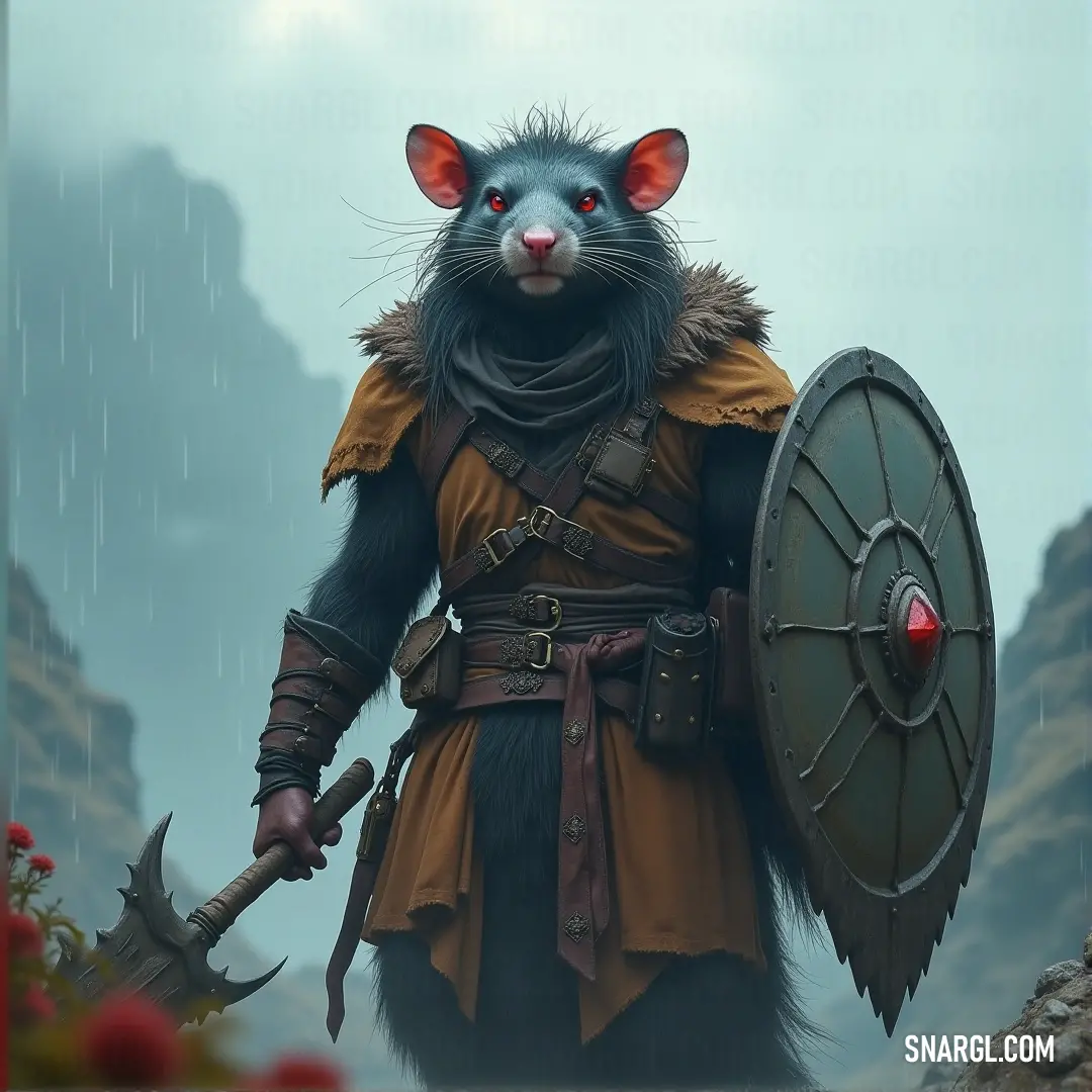 A Plagueclaw Chief, donned in helmet and armor, holds his sword and shield firm against the storm, with the mighty mountains in the background, showcasing his readiness to fight through any adversity. The Plagueclaw Chief, armored and armed with a sword and shield, stands resolute in the midst of a torrential rainstorm. With the mountains looming behind him, his battle-ready stance suggests he is prepared to face any challenge, no matter the weather.