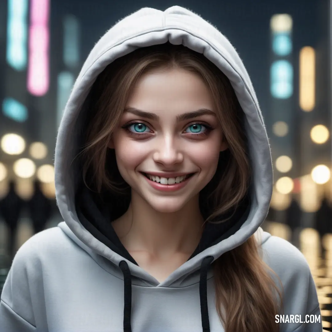 Platinum color. Digital painting of a woman with blue eyes and a hoodie on in a city at night time