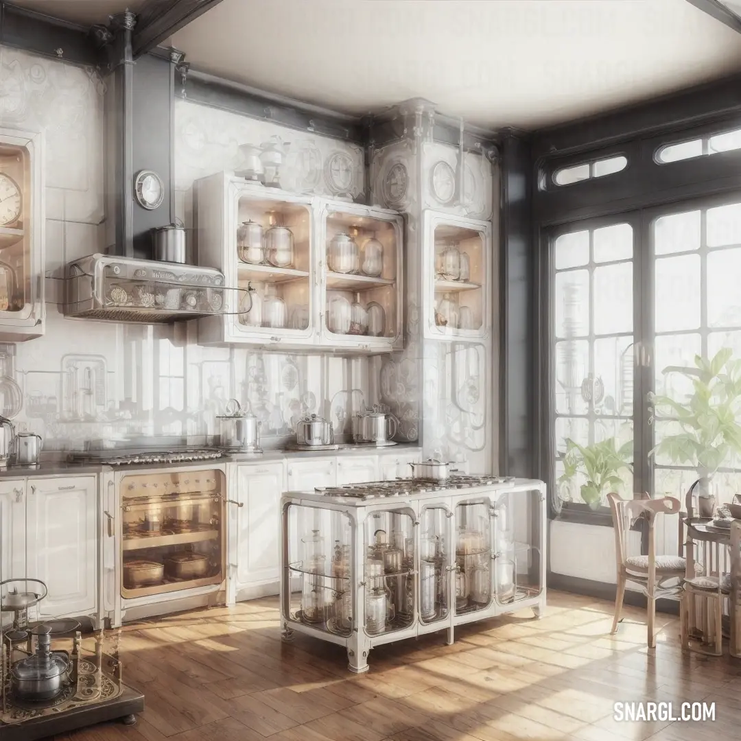 Kitchen with a lot of cabinets and a clock on the wall above the stove top ovens and a table with chairs