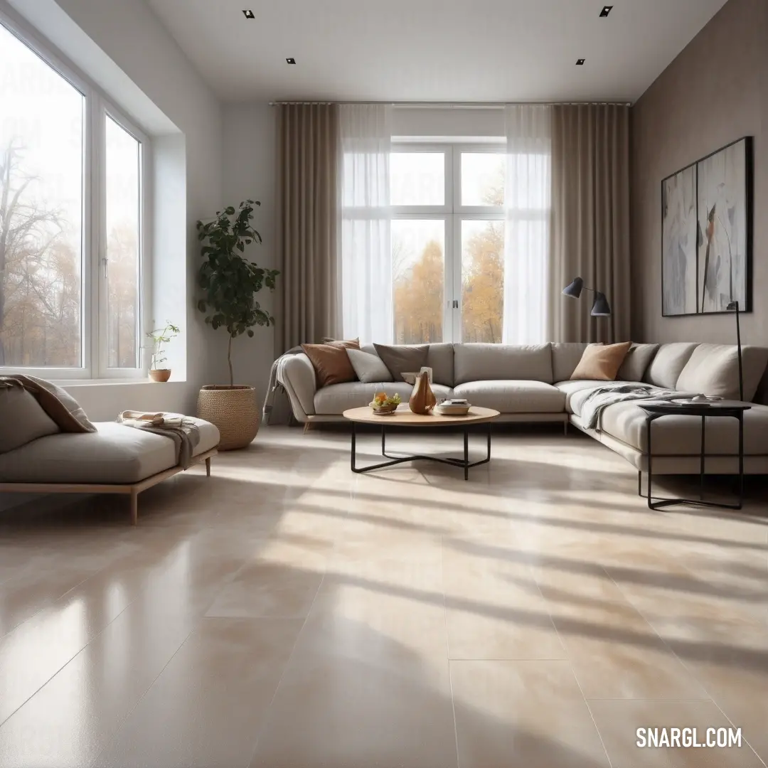 Living room with a large window and a couch in it's center area with a coffee table. Example of #E5E4E2 color.