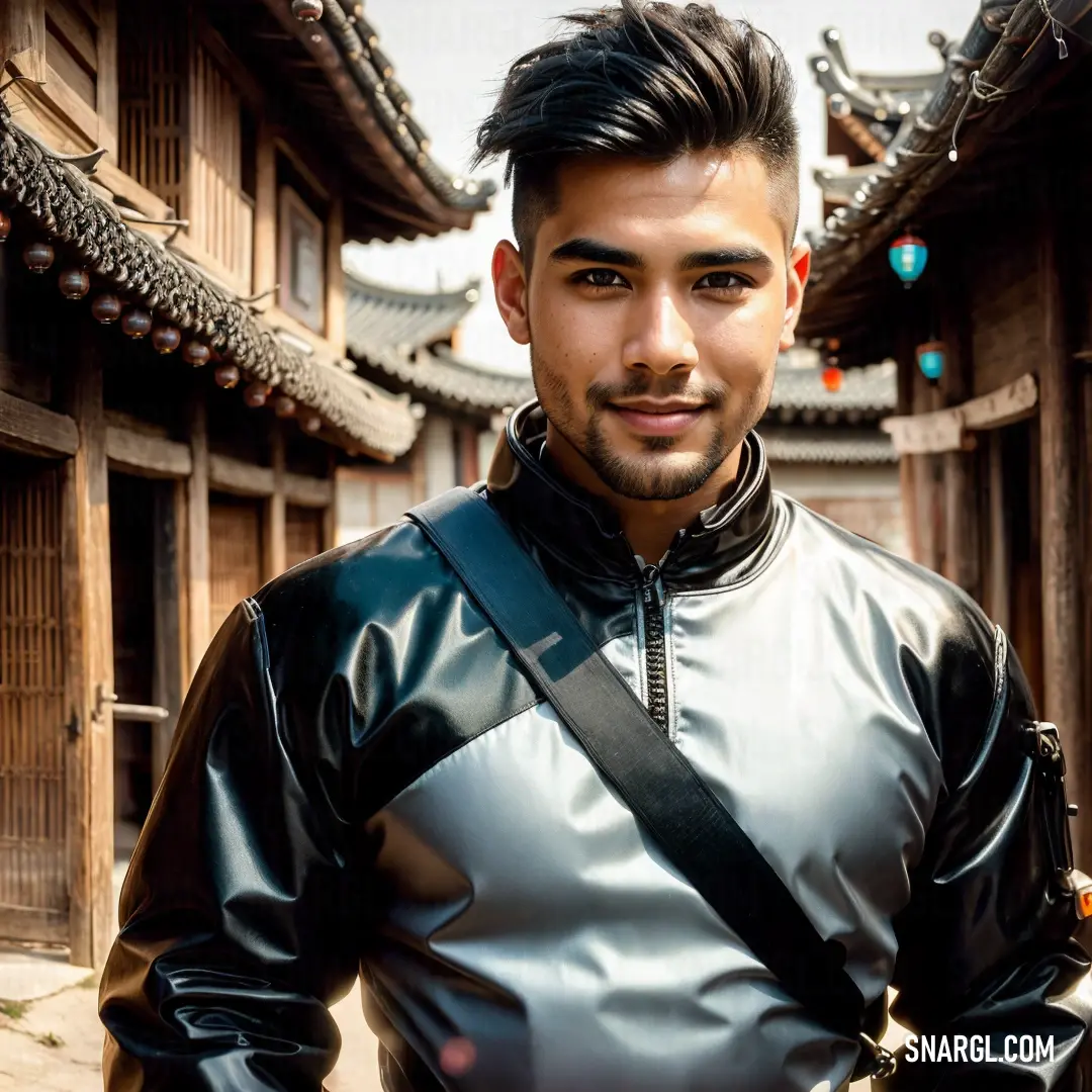 Man in a leather jacket standing in front of a building with a black belt around his waist