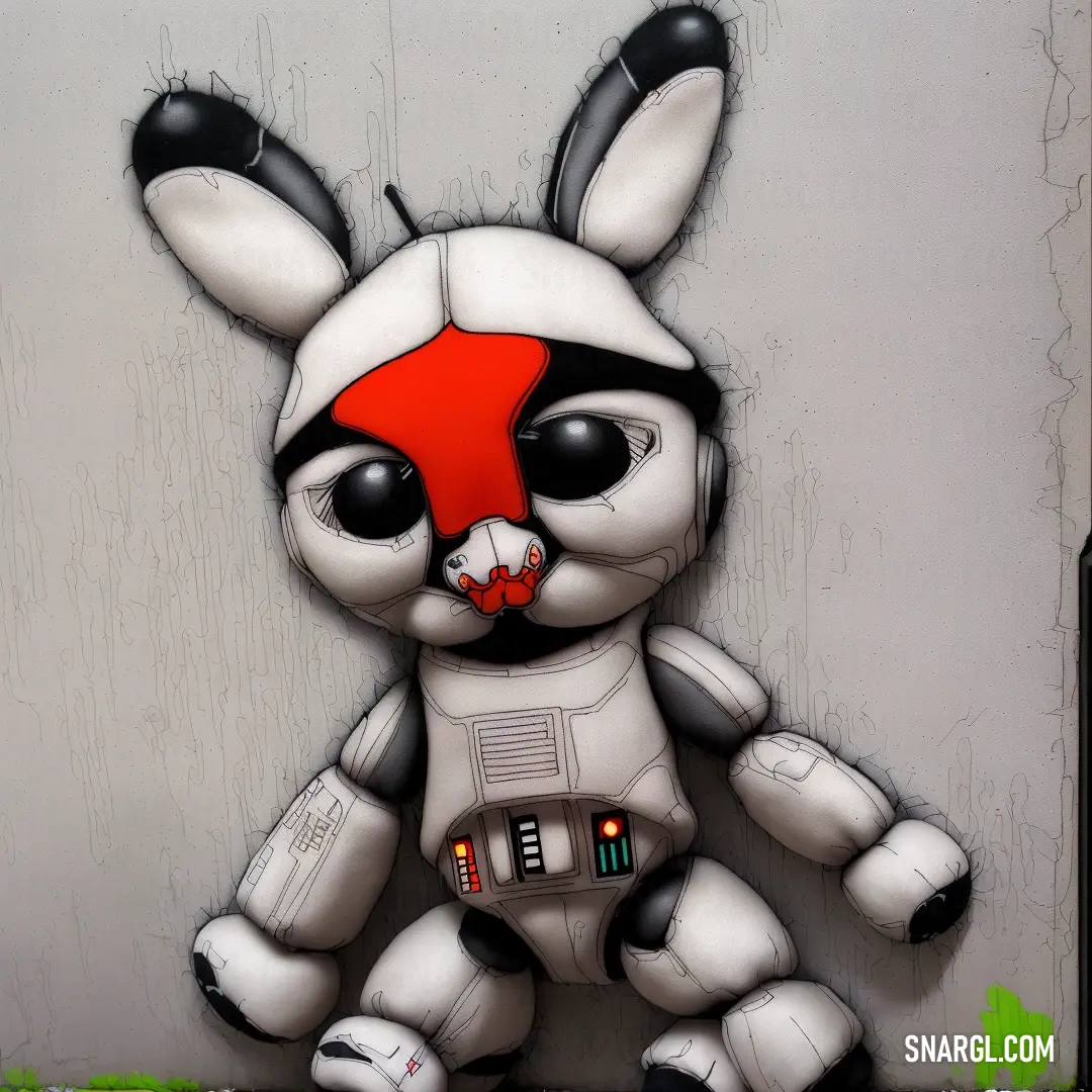 White rabbit with a red nose and black ears on a wall with a green background