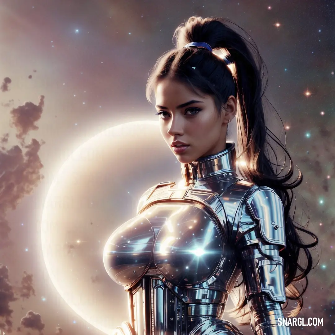 Woman in a futuristic suit standing in front of a moon and stars background with a full moon behind her