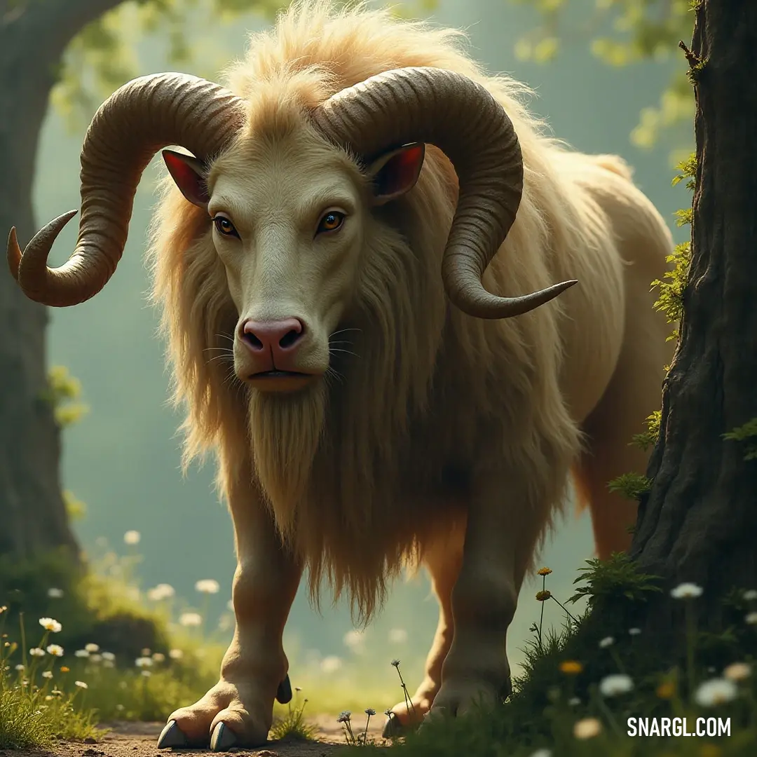 An enchanting representation of a horned figure in a vibrant forest, radiating tranquility and wonder amidst the colorful flora and serene surroundings. A majestic figure with long, elegant horns stands serenely amidst a vibrant forest, where trees and blooming flowers create a lush, magical atmosphere, celebrating nature's beauty and grandeur in harmony.