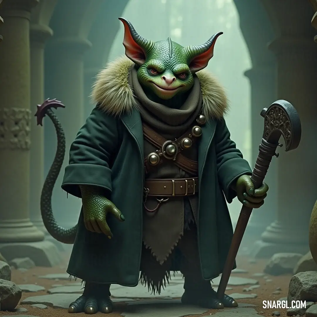 A daunting Plok with a horned head wielding a hammer in a mystical cave. In a dimly lit cave with a grand stone archway, a formidable Plok wields a large hammer, his horned head casting a fierce silhouette against the rugged backdrop, suggesting a tale of valor and strength in a deep, mystical realm.