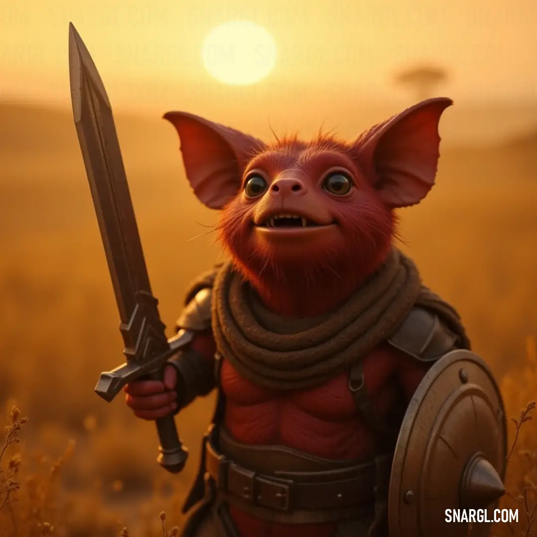 Amidst a sunlit meadow at dusk, the small Plox, clad with a sword and shield, embodies the spirit of bravery and adventure, ready to protect and explore his idyllic surroundings. A diminutive Plox, equipped with a sword and shield, stands valiantly in a sun-kissed grassy field, the golden rays reflecting a sense of courage and hope at sunset.