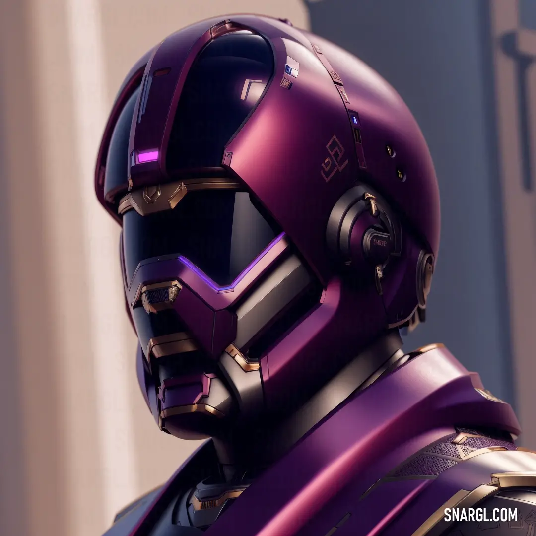 Close up of a purple robot with a helmet on and a building in the background with a light