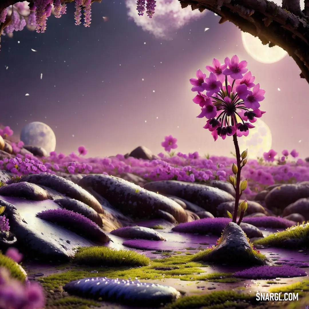 Flower in a field with rocks and grass under a full moon sky with stars and clouds above it