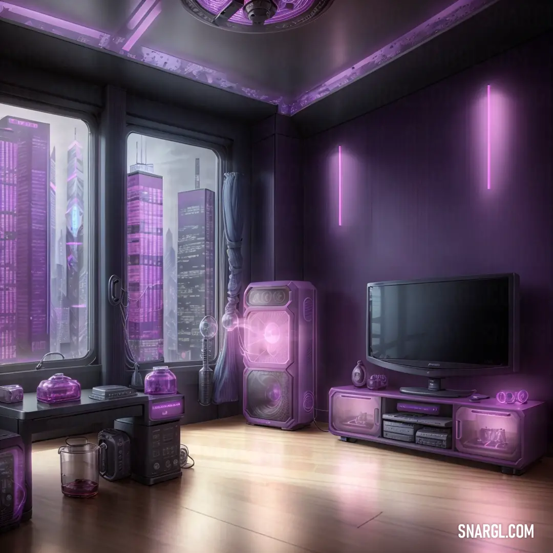 Living room with a purple light and a tv on a stand in the corner of the room and a purple light on the wall. Color Plum.