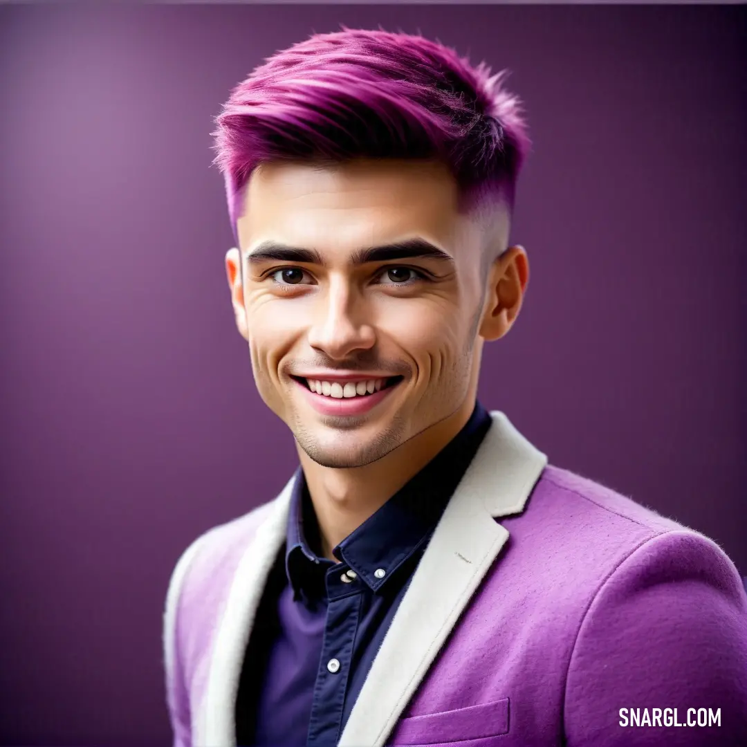 Plum color example: Man with a purple hair and a purple jacket smiling at the camera