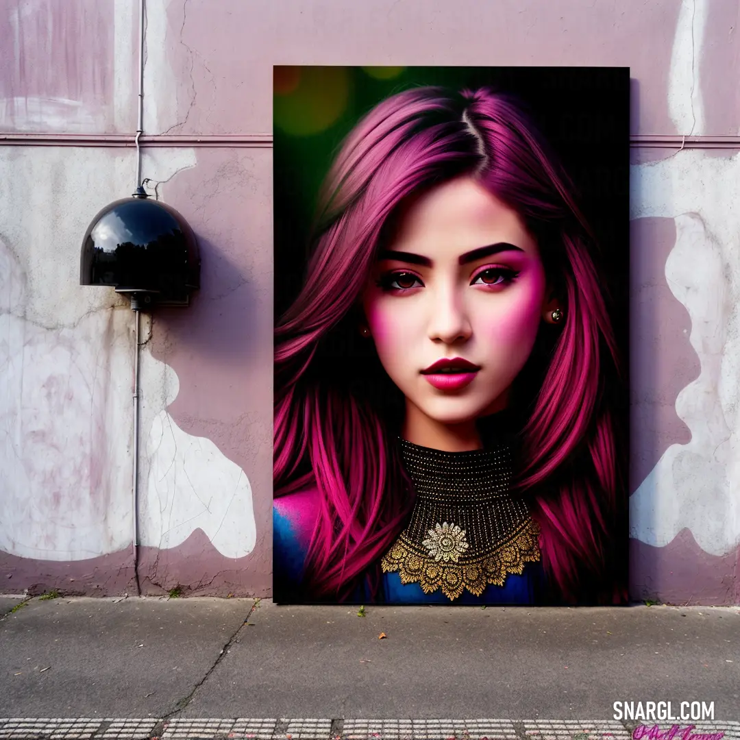Painting of a woman with pink hair on a wall with a black light fixture on it's side