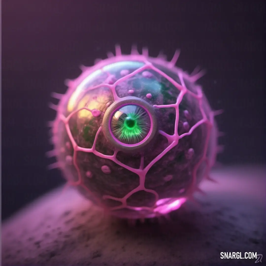 Plum color. Ball with a green eye and spikes on it's side on a rock in the dark